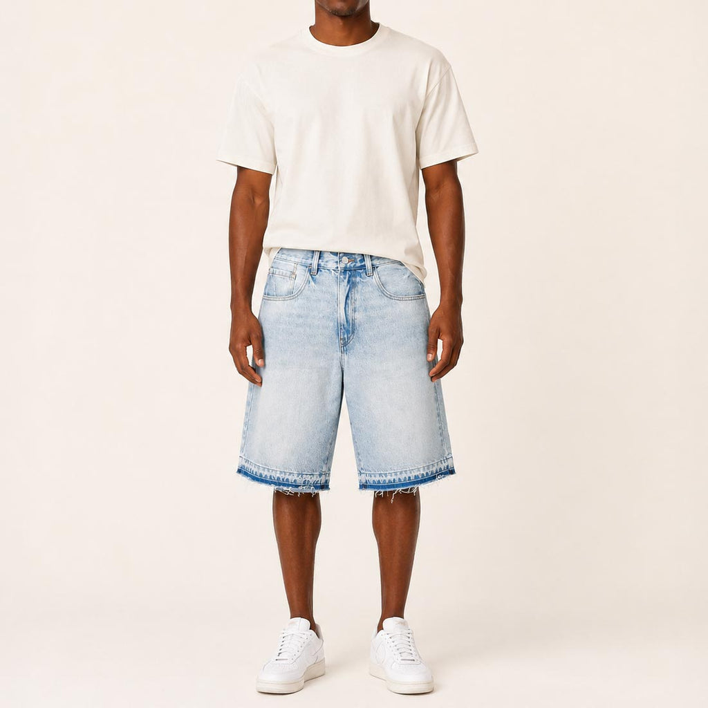 Custom Men's Baggy Raw Hem Blue Washed Denim Shorts