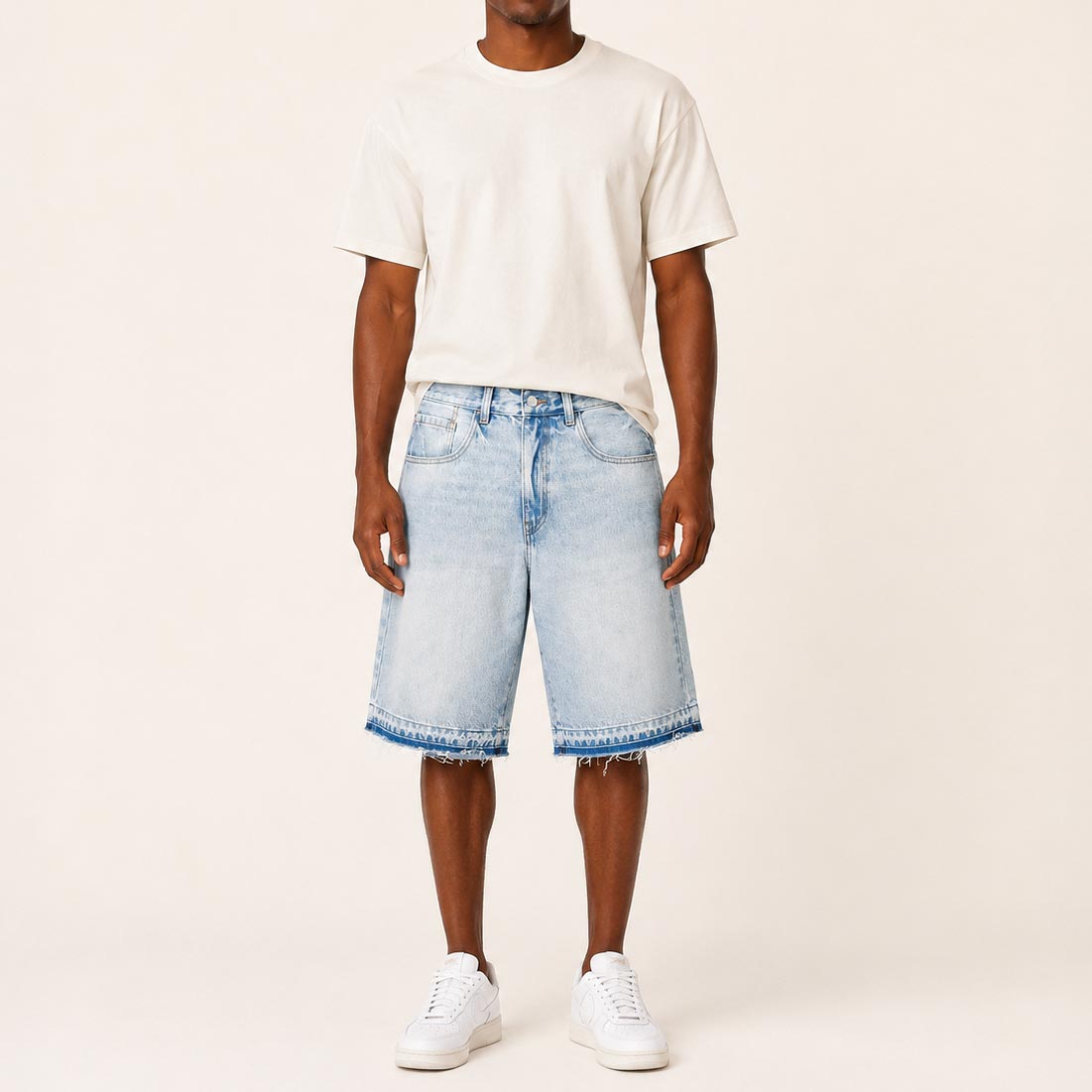 Custom Men's Baggy Raw Hem Blue Washed Denim Shorts