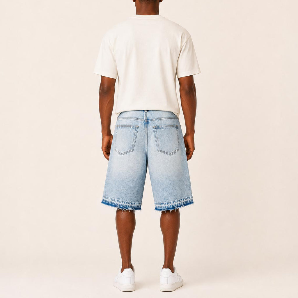 Custom Men's Baggy Raw Hem Blue Washed Denim Shorts