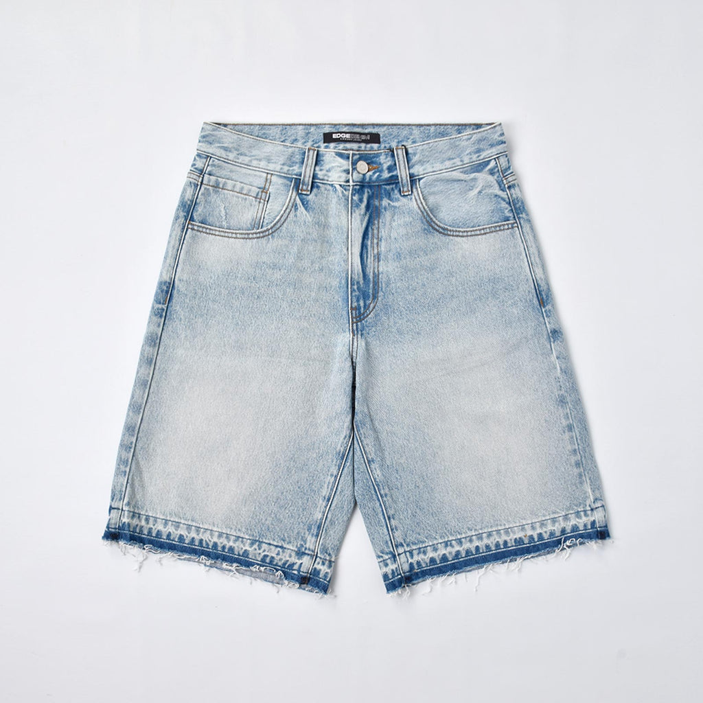 Custom Men's Baggy Raw Hem Blue Washed Denim Shorts