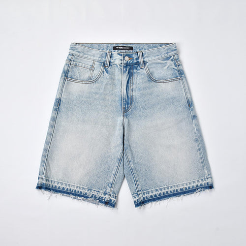 Custom Men's Baggy Raw Hem Blue Washed Denim Shorts