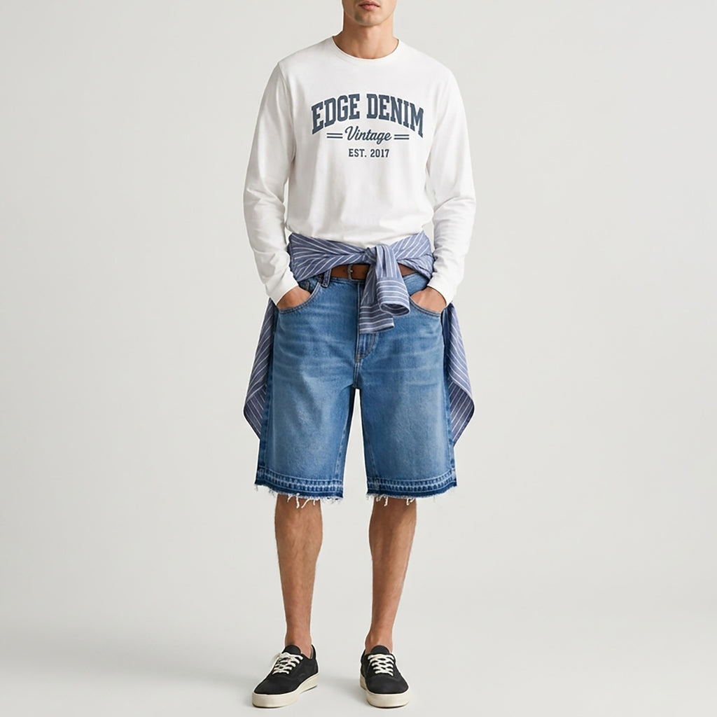 Custom Men's Blue Plain Raw Hem Denim Jeans Shorts