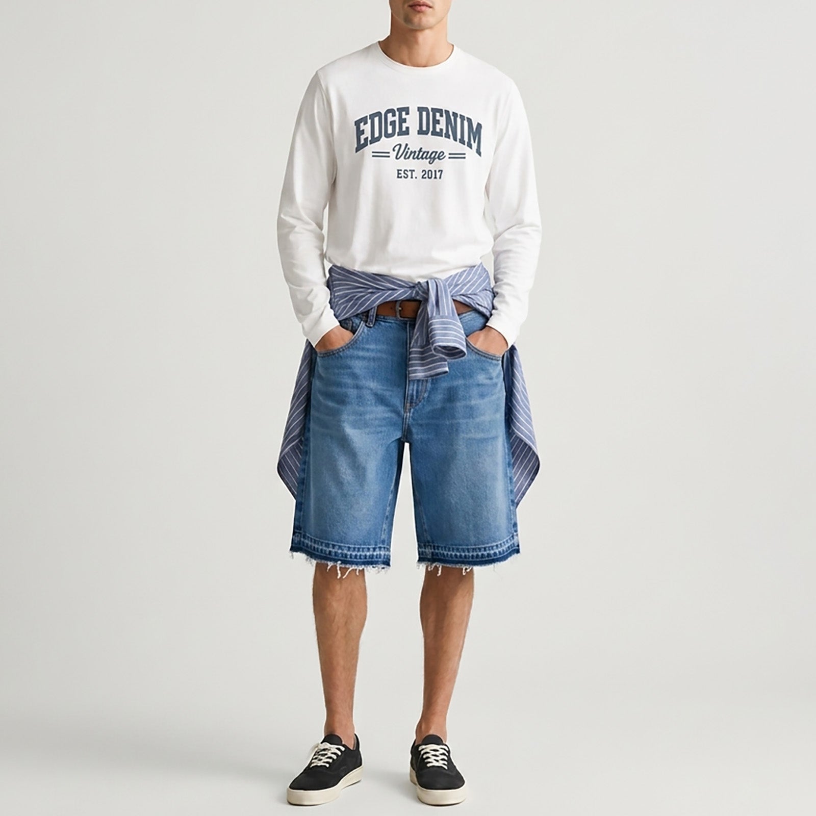 Custom Men's Blue Plain Raw Hem Denim Jeans Shorts