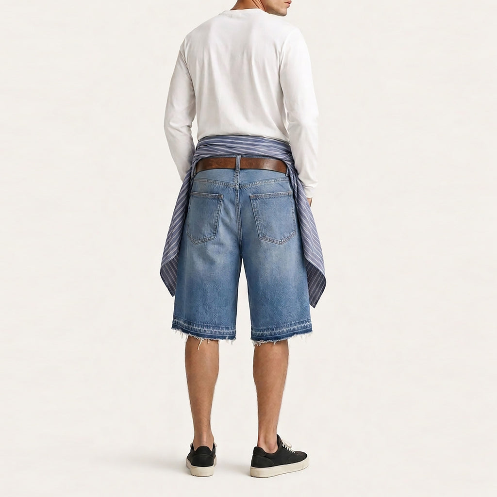 Custom Men's Blue Plain Raw Hem Denim Jeans Shorts