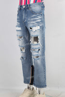 Blue damaged patchwork flare jeans