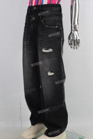 Double lavered black damage patchwork baggy jeans