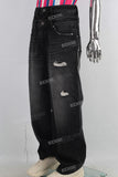 Double lavered black damage patchwork baggy jeans