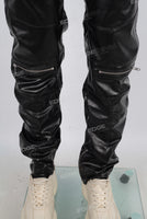 Black leather stitching zipper straight leg jeans