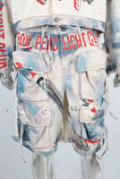 Digital print cargo denim jacket and shorts