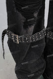 Black damaged patchwork boot cut jeans