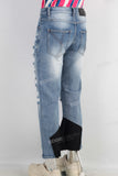 Blue damaged patchwork flare jeans