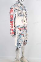 Digital print cargo denim jacket and shorts