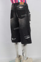 Acid washed damaged rhinestone patchwork shorts