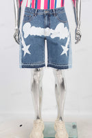 Blue patchwork boot cut shorts