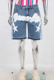 Blue patchwork boot cut shorts