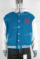 Blue embroidered leather hooded jacket