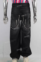 Double lavered black damage patchwork baggy jeans