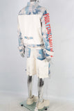 Digital print cargo denim jacket and shorts