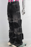 Black damaged patchwork boot cut jeans