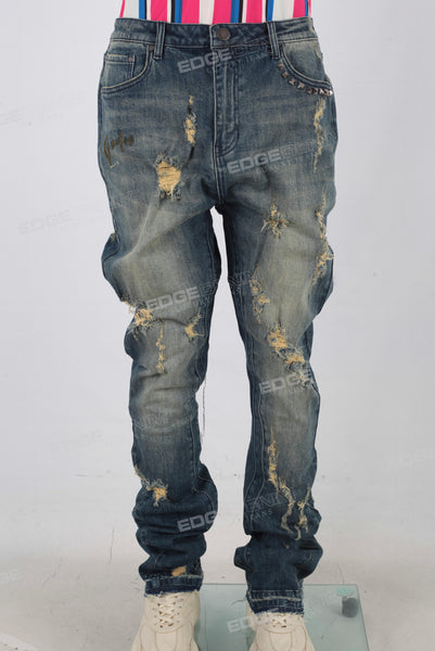 Blue acid washed damaged patchwork rhinestone jeans