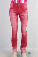 Red acid washed skinny jeans