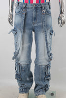 Blue patchwork cargo jeans