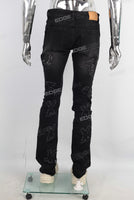 Black patchwork damaged boot cut jeans