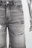 Grey digital print patchwork damaged boot cut jeans