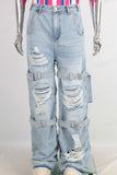 Blue damaged patchwork boot cut jeans