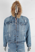 Blue damaged jacket and straight jeans set