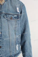 Blue damaged jacket and straight jeans set