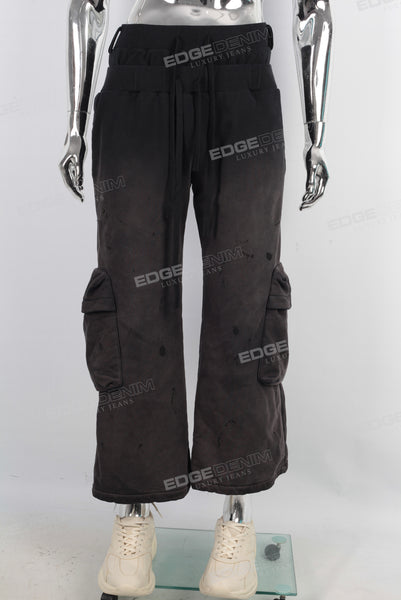 Black acid washed double cargo pants