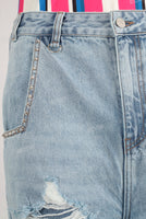 Blue damaged patchwork boot cut jeans