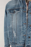 Blue damaged jacket and straight jeans set