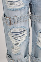 Blue damaged patchwork boot cut jeans