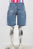 Blue patchwork boot cut shorts