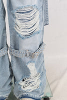 Blue damaged patchwork boot cut jeans