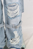 Blue damaged patchwork boot cut jeans