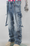 Blue patchwork cargo jeans