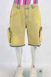 Yellow embroidered cargo boot cut short