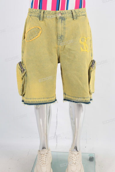 Yellow embroidered cargo boot cut short
