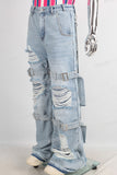 Blue damaged patchwork boot cut jeans