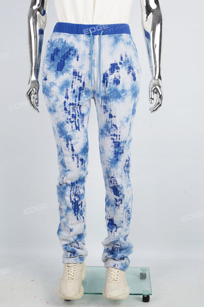 Men's blue distressed tie-dye gauze quilted knit pants