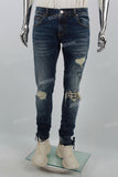 Blue Cut and Scratched Print Zip-Up Tie Mans Skinny Jeans