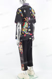 Men's Printed Black Vacation Short Sleeve Shirt Pants Set