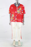 Men's Printed Red Vacation Short Sleeve Shirt White Trouser Suit