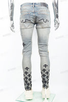 Blue Washed Tattered Embroidered Skinny Jeans