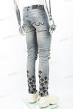 Blue Washed Tattered Embroidered Skinny Jeans