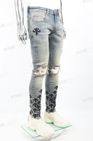 Blue Washed Tattered Embroidered Skinny Jeans