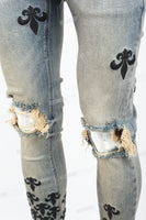 Blue Washed Tattered Embroidered Skinny Jeans